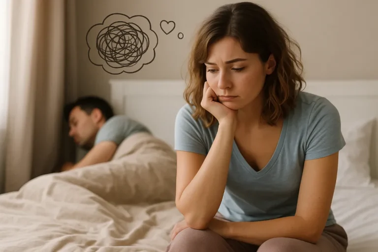 Млада жена с замислен израз седи на ръба на леглото, докато партньорът ѝ лежи обърнат настрани – сцена, отразяваща емоционална дистанция в отношенията.