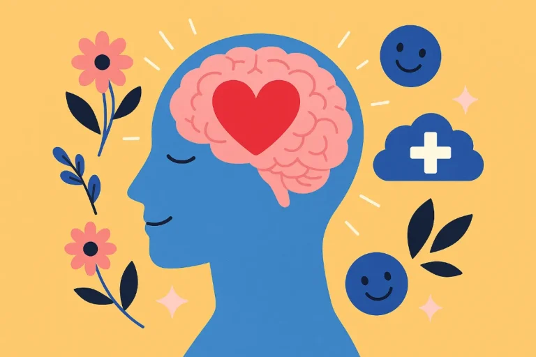 Илюстрация на женски профил с мозък, осветен в топли тонове, символизираща връзката между сексуалното удоволствие и психичното здраве.